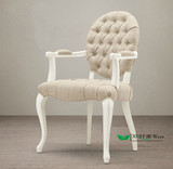 定制欧式复古实木椅做旧棉麻拉扣餐椅时尚简约单人座椅美式扶手椅