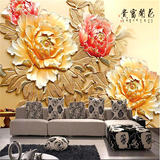 中式客厅电视背景墙纸 卧室浮雕壁画3D立体彩雕 牡丹花开富贵壁纸