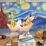 3D梵高星空夜空卡通墙纸 男孩儿童房卧室床头背景墙壁纸艺术壁画