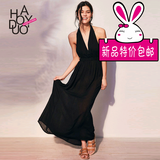 Haoduoyi2016春夏新款 欧美性感深V挂脖系带 修身露背镂空连衣裙