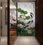 现代中式荷花玄关壁画富贵有余客厅走廊过道背景墙纸无缝壁纸