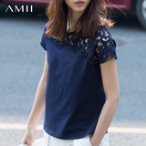艾米AMII女装旗舰店2016夏新品纯色拼接蕾丝性感黑色棉短袖T恤女