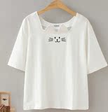日系森女系2016夏季新款小清新女装 猫咪刺绣纯色可爱短袖衬衫T恤