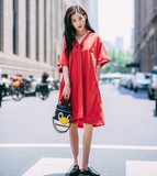 AudreyWang夏韩国女士红色连衣裙V领宽松A字廓形衬衫裙宽松欧美风
