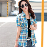 2016夏装新款 韩版修身格仔衬衫女短袖 休闲衬衣