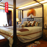 新中式别墅实木简约印花双人床 1.8米婚床印花架子床卧室家具定制