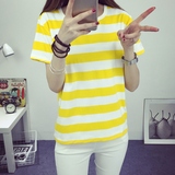 春款女装韩版学生宽松黄色条纹短袖T恤女百搭中长款打底上衣女潮