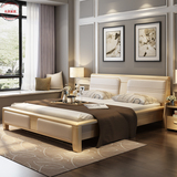 美式实木床1.8米全实木双人床家具美式头层真皮床欧式大床白蜡木