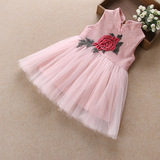 女童连衣裙夏装新款韩版蓬蓬裙立领唐装贴布花朵背心裙儿童公主裙