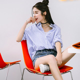 韩国夏装新款蓝白条纹宽松大码衬衫女休闲长袖棉衬衣中长款立领潮