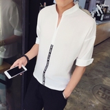 夏季韩版宽松中袖蝙蝠衫立领短袖棉麻青年潮流亚麻七分袖衬衫男装