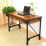 美式简约组装电脑桌带抽屉台式家用铁艺实木办公桌复古定制写字台
