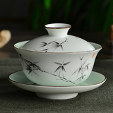 景德镇定窑盖碗茶杯手绘茶具大号茶碗陶瓷茶道粉彩三才碗