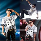 权志龙Bigbang演唱会同款V领纯棉印花短袖男女情侣款88条纹T恤潮