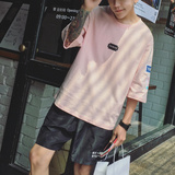 韩版男女bf原宿风T恤韩国潮流宽松七分袖粉色半截袖7分短袖上衣服