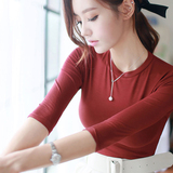韩版新款纯棉中袖半高领女t恤夏黑色修身五分袖圆领紧身打底衫潮