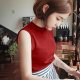 夏季薄款韩版款式女士半高领针织无袖上衣纯色修身显瘦背心打底衫