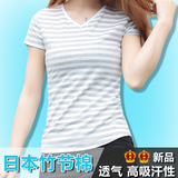 【天天特价】 夏季韩国纯棉短袖T恤女V领竹节棉细条纹修身打底衫