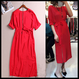 连衣裙16夏欧洲站新款系带100%桑蚕丝真丝红色侧开叉显瘦长款圆领