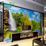 现代中式山水画瀑布3d电视背景墙立体壁画无缝定制墙纸无纺布墙布