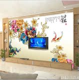 3D立体牡丹孔雀墙纸中式客厅电视背景墙壁纸无缝大型壁画平安富贵