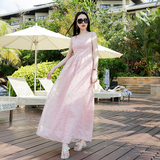 2016夏新款 粉红色雪纺蕾丝拖地长裙 无袖公主裙连衣裙 BGD62029
