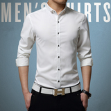 男士立领衬衫 春夏新款桑蚕丝衬衣 男长袖修身型商务寸衫小领白色