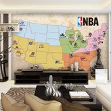 大型壁画 NBA队标壁纸 卧室宿舍床头海报欧美式篮球个性木纹墙纸