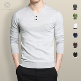 秋季男士针织长袖T恤V领修身套头青年纯色打底衫休闲简约韩版衣服