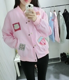 bf原宿风女2016春秋韩版学生夹克棒球服长袖百搭宽松字母粉色外套