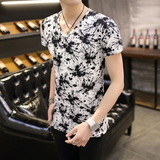 夏季男士短袖T恤韩版修身青少年冰丝学生半袖印花V领男装打底衫潮
