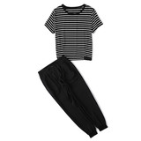 MIUCO2016春夏新款女装短袖黑白撞色条纹T恤+束口哈伦裤休闲套装