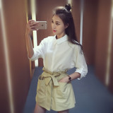 夏季新款2016韩版休闲衬衫套装女白色开衫上衣半身短裙裤子两件套