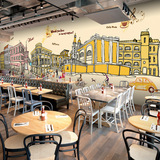 欧式风情浪漫街景壁画咖啡馆奶茶店休闲吧墙纸手绘建筑3d壁纸