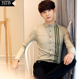 条纹衬衫男长袖衬衣男修身型绿薄款格子青年韩版夏季发型师寸衫潮