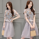 新款连衣裙女2016夏款时尚气质两件套韩版显瘦中裙雪纺印花套装裙