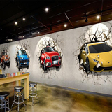 定制3D立体汽车破墙背景壁纸复古餐厅墙纸创意大型酒吧咖啡厅壁画