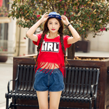 学院风流苏短款T恤女夏装红色显瘦学生韩版短袖潮印花宽松甜美