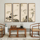 新中式水墨装饰画客厅走廊挂画现代壁画国画荷花四条屏玄关画竖版
