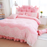 韩式粉色床上四件套纯棉 公主风蕾丝提花被套全棉床罩2.0m床裙式