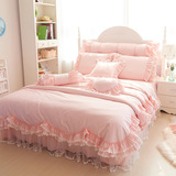 韩式蕾丝粉色床上四件套 全棉60支纯棉贡缎结婚庆用品床罩床裙式