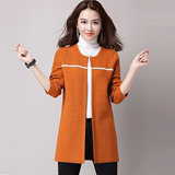 2016秋季针织开衫女薄毛衣外套中长款韩版宽松格子大码羊绒羊毛衫