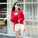 小菜刀*前短后长设计纯色针织套头毛衣上衣秋装新品韩版大红色