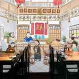 复古3D中式手绘古代饭店大型壁画火锅店餐厅烧烤海鲜背景墙纸壁纸
