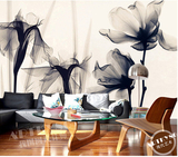 现代黑白简约百合透明玫瑰花3d壁画电视背景墙纸卧室壁纸无缝墙布