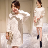 XH2016秋装新款韩版气质长袖针织连衣裙中长款宽松显瘦白色毛衣裙