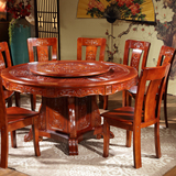 全实木中式仿古大圆形餐桌椅组合8人带转盘雕花复古橡木1.8米2米