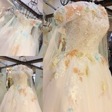 2016新款婚纱礼服韩版一字肩显修身蕾丝齐地新娘拖尾婚纱xj21501
