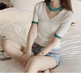 韩国女学生性感秋夏半高领短袖冰丝针织衫纯色修身短款薄款女t恤