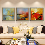 手绘抽象油画现代客厅装饰画沙发后墙挂画壁画酒店有框画三拼画62